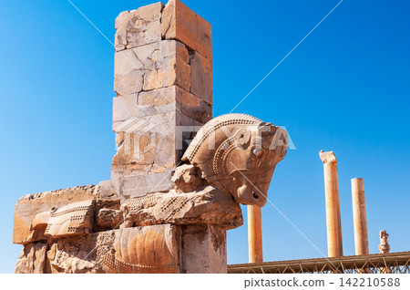 Persepolis Ruins with Ancient Persian Bull Sculpture Under Blue Sky 142210588