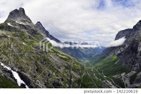 Mountain Valley Panorama with Winding Road and Waterfall Mountain Valley Panorama with Winding Road and Waterfall 142210619
