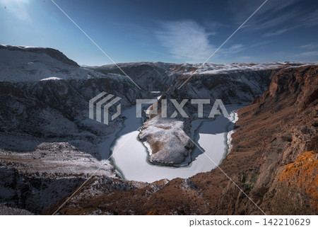 Winter Mountain Canyon with Frozen River Panorama Winter Mountain Canyon with Frozen River Panorama 142210629