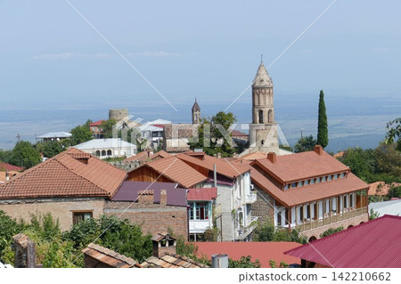 Historic Georgian Hilltop Town with Church Tower and Red Roofs Historic Georgian Hilltop Town with Church Tower and Red Roofs 142210662