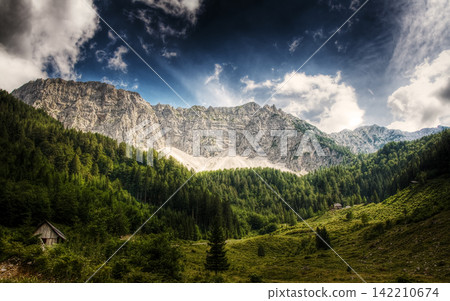 Mountain Landscape with Alpine Forest and Dramatic Cloudy Sky Mountain Landscape with Alpine Forest and Dramatic Cloudy Sky 142210674