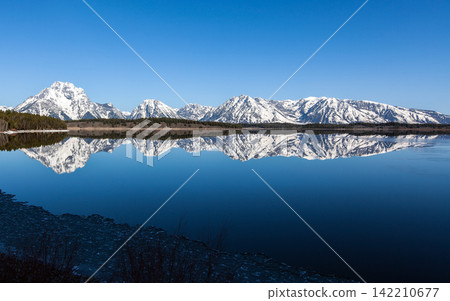 Snowy Mountain Range Reflected in Calm Alpine Lake Panorama Snowy Mountain Range Reflected in Calm Alpine Lake Panorama 142210677