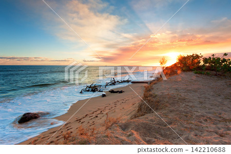 Sunset Beach Seascape with Ocean Waves and Sandy Coast Sunset Beach Seascape with Ocean Waves and Sandy Coast 142210688