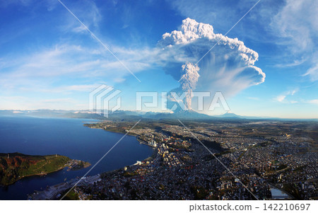 Volcanic Eruption Ash Cloud Over Coastal City Aerial View Volcanic Eruption Ash Cloud Over Coastal City Aerial View 142210697