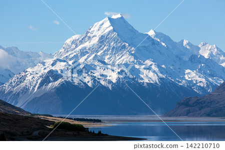 Snow Capped Mountain and Alpine Lake Panorama 142210710
