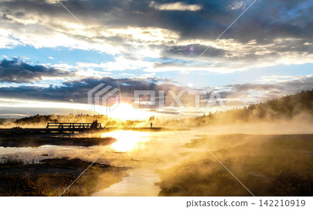Misty Hot Spring Sunrise Landscape with Dramatic Clouds Misty Hot Spring Sunrise Landscape with Dramatic Clouds 142210919