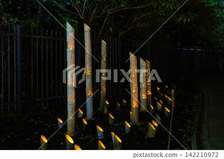 Bamboo lanterns lit after sunset Bamboo lanterns lit after sunset 142210972