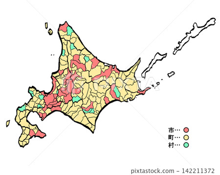 北海道地圖:城市與城鎮顏色(筆觸風格) 北海道地圖:城市與城鎮顏色(筆觸風格) 142211372