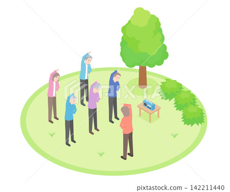 Elderly people doing radio calisthenics together in the park Elderly people doing radio calisthenics together in the park 142211440