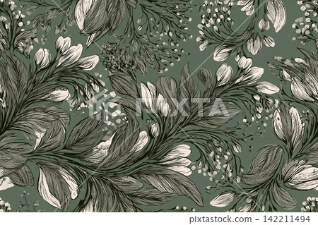 Seamless vintage botanical pattern with hand-drawn, delicate branches and organic ornaments. Muted green background with floral branches, leaves, and minimalist botanical elements. Vector illustration 142211494