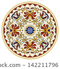 An elegant circular Chinese mandala pattern with floral motifs. The ornate oriental ornament features a blue longevity symbol inside a decorative round ceramic plate style framework 142211796