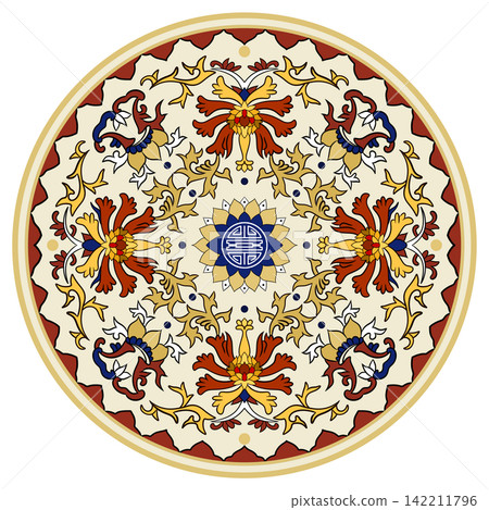 An elegant circular Chinese mandala pattern with floral motifs. The ornate oriental ornament features a blue longevity symbol inside a decorative round ceramic plate style framework 142211796