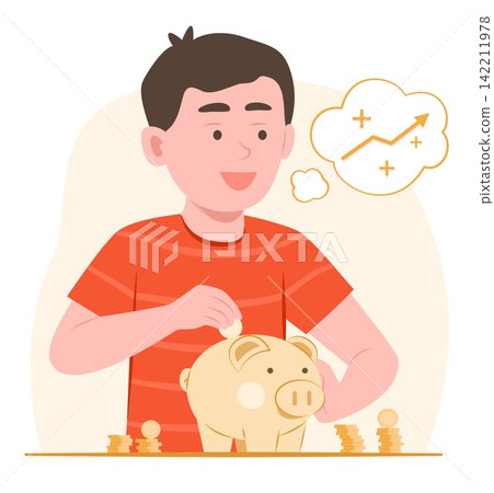 Cute Kid Boy Savings Money Coin with Piggy Bank for Financial Concept Illustration 142211978