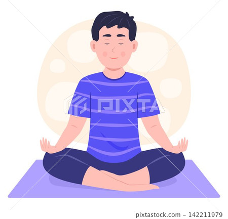 Healthy Teenage Boy Practicing Yoga Meditation at Home for Mental Well Being, Healthcare and Exercise Concept Illustration Healthy Teenage Boy Practicing Yoga Meditation at Home for Mental Well Being, Healthcare and Exercise Concept Illustration 142211979