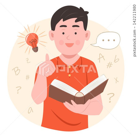 Happy Cute Student Pupil Boy Reading a Book and Doing Thumbs Up when Getting Idea for Education Concept Illustration Clip Art Happy Cute Student Pupil Boy Reading a Book and Doing Thumbs Up when Getting Idea for Education Concept Illustration Clip Art 142211980