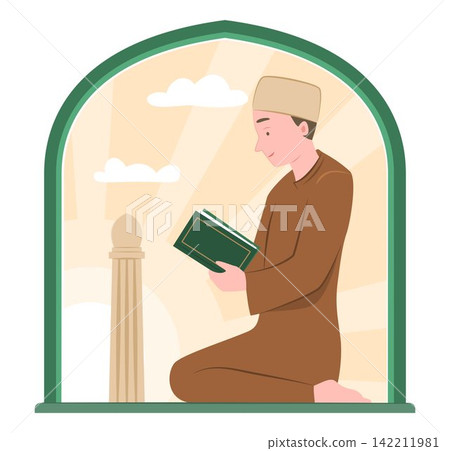 Muslim Man in Traditional Dress Sitting and Reading the Quran Book for Education and Learning Concept Illustration Clip Art Muslim Man in Traditional Dress Sitting and Reading the Quran Book for Education and Learning Concept Illustration Clip Art 142211981