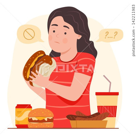Kid Girl Holding a Big Burger and Hesitate to Eating the Fast Food for Unhealthy Food Eating Lifestyle Concept Illustration Kid Girl Holding a Big Burger and Hesitate to Eating the Fast Food for Unhealthy Food Eating Lifestyle Concept Illustration 142211983