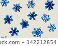 Simple design. Seamless pattern in a drawing style. Blue snowflakes equidistant from each other. Minimalist style. 142212854
