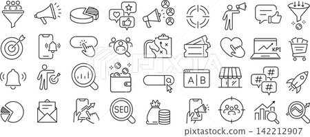 A set of monochrome vector line art icons related to marketing. 142212907