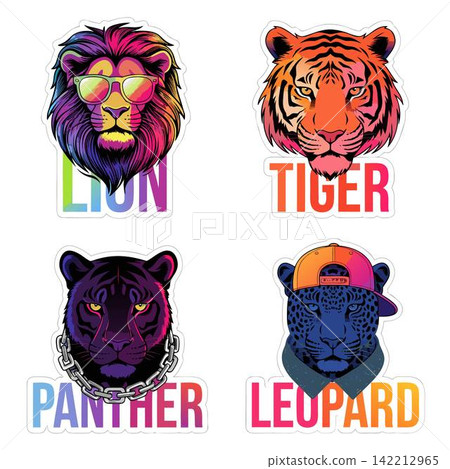 These colorful street-art style vinyl stickers featuring a lion, a tiger, a panther, and a leopard These colorful street-art style vinyl stickers featuring a lion, a tiger, a panther, and a leopard 142212965