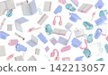 Several objects related to learning and school, such as a backpack, pen, laptop, and so on, are randomly arranged on a white background, 3d render 142213057