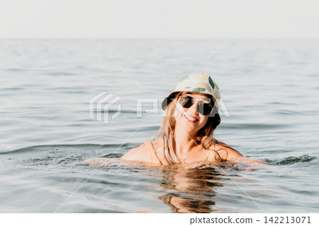 Woman Sunglasses Hat Smiling Ocean Water Summer Woman Sunglasses Hat Smiling Ocean Water Summer 142213071