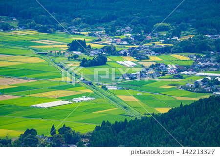 The landscape of fields and rural areas spreading across Aso The landscape of fields and rural areas spreading across Aso 142213327