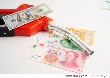 Gas pump, Fuel Nozzle with banknote money for cost energy. 142213473