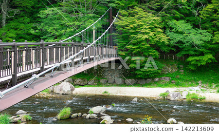 The Crimson Suspension Bridge, a famous landmark in Shiobara Onsen, spans the lush green Hokigawa River (Nasu-Shiobara City, Tochigi Prefecture). The Crimson Suspension Bridge, a famous landmark in Shiobara Onsen, spans the lush green Hokigawa River (Nasu-Shiobara City, Tochigi Prefecture). 142213609