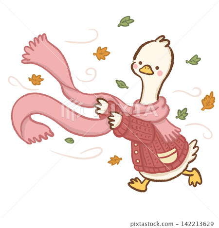Cute long neck white goose struggling with oversized pink scarf blowing in windy autumn weather wearing red knitted cardigan cute cozy fall animal illustration Cute long neck white goose struggling with oversized pink scarf blowing in windy autumn weather wearing red knitted cardigan cute cozy fall animal illustration 142213629