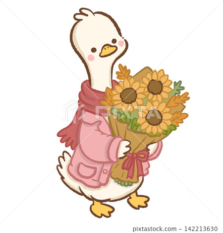 Cute long neck white goose wearing pink cardigan and red scarf holding a big bouquet of sunflowers and autumn leaves cozy fall floral animal illustration adorable seasonal character Cute long neck white goose wearing pink cardigan and red scarf holding a big bouquet of sunflowers and autumn leaves cozy fall floral animal illustration adorable seasonal character 142213630