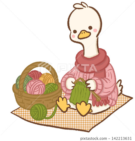 Cute long neck white goose wearing pink knitted sweater and red scarf sitting on gingham blanket knitting green scarf beside basket of colorful yarn cozy autumn craft animal illustration Cute long neck white goose wearing pink knitted sweater and red scarf sitting on gingham blanket knitting green scarf beside basket of colorful yarn cozy autumn craft animal illustration 142213631