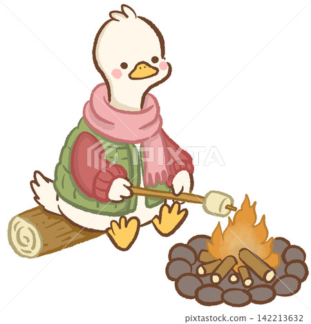 Cute long neck white goose wearing green vest and pink scarf roasting marshmallow over campfire while sitting on log cozy fall camping animal illustration adorable seasonal character Cute long neck white goose wearing green vest and pink scarf roasting marshmallow over campfire while sitting on log cozy fall camping animal illustration adorable seasonal character 142213632