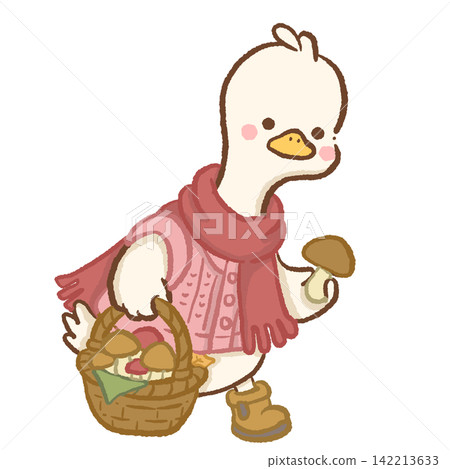 Cute long neck white goose wearing pink knitted cardigan and red scarf carrying wicker basket of mushrooms while foraging cozy woodland autumn animal illustration adorable fall character Cute long neck white goose wearing pink knitted cardigan and red scarf carrying wicker basket of mushrooms while foraging cozy woodland autumn animal illustration adorable fall character 142213633