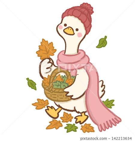 Cute long neck white goose wearing red knitted beanie and long pink scarf carrying basket of colorful fallen leaves cozy windy autumn animal illustration adorable seasonal character Cute long neck white goose wearing red knitted beanie and long pink scarf carrying basket of colorful fallen leaves cozy windy autumn animal illustration adorable seasonal character 142213634