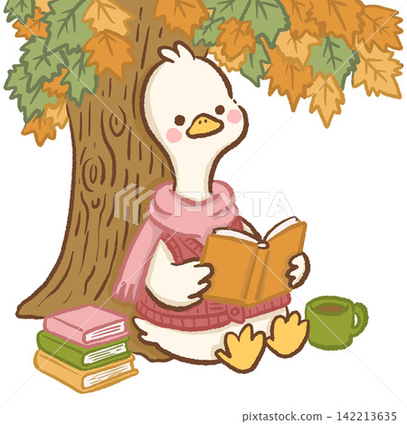 Cute long neck white goose wearing pink sweater and scarf sitting under autumn maple tree reading orange book beside stacked books and warm drink cozy fall bookish animal illustration Cute long neck white goose wearing pink sweater and scarf sitting under autumn maple tree reading orange book beside stacked books and warm drink cozy fall bookish animal illustration 142213635