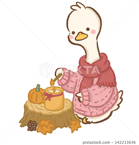 Cute long neck white goose wearing pink knitted sweater and red scarf lighting a cozy autumn candle beside pumpkin on tree stump with pinecone and fallen leaves seasonal animal illustration 142213636