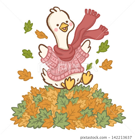 Cute long neck white goose wearing pink cable knit sweater and flowing red scarf happily jumping into a giant pile of colorful autumn leaves whimsical cozy fall animal illustration Cute long neck white goose wearing pink cable knit sweater and flowing red scarf happily jumping into a giant pile of colorful autumn leaves whimsical cozy fall animal illustration 142213637