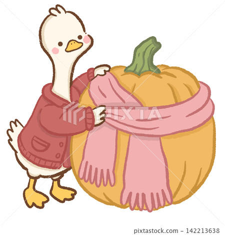 Cute long neck white goose wearing red cardigan wrapping an oversized orange pumpkin with a long pink scarf cozy whimsical autumn pumpkin animal illustration 142213638