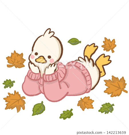 Cute long neck white goose wearing oversized pink sweater lying on belly with feet in the air surrounded by orange and green fallen leaves cozy lazy autumn animal illustration Cute long neck white goose wearing oversized pink sweater lying on belly with feet in the air surrounded by orange and green fallen leaves cozy lazy autumn animal illustration 142213639
