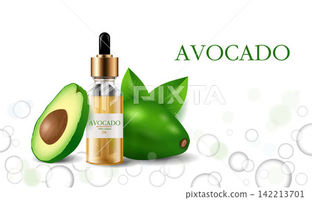 Realistic avocado with cosmetic bottle isolated on transparent background. Vector illustration of natural avocado skincare and beauty concept with copy space for advertising and branding Realistic avocado with cosmetic bottle isolated on transparent background. Vector illustration of natural avocado skincare and beauty concept with copy space for advertising and branding 142213701