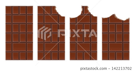 Set of realistic chocolate bars with different bite isolated on transparent background. Vector illustration of chocolate pieces for food, confectionery, dessert and advertising design Set of realistic chocolate bars with different bite isolated on transparent background. Vector illustration of chocolate pieces for food, confectionery, dessert and advertising design 142213702