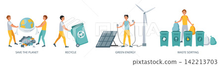 Set of flat vector compositions with people promoting eco concepts such as Save the Planet, recycling, green energy and waste sorting, isolated on transparent background Set of flat vector compositions with people promoting eco concepts such as Save the Planet, recycling, green energy and waste sorting, isolated on transparent background 142213703