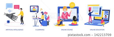Set of flat vector compositions with people using modern technology for education, featuring artificial intelligence, e-learning, online courses and digital education, on transparent background Set of flat vector compositions with people using modern technology for education, featuring artificial intelligence, e-learning, online courses and digital education, on transparent background 142213709