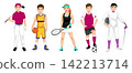 Set of volumetric flat vector athletes playing golf, basketball, tennis, soccer and fencing isolated on transparent background. Sports illustration collection 142213714