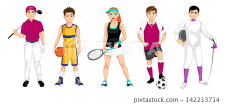Set of volumetric flat vector athletes playing golf, basketball, tennis, soccer and fencing isolated on transparent background. Sports illustration collection Set of volumetric flat vector athletes playing golf, basketball, tennis, soccer and fencing isolated on transparent background. Sports illustration collection 142213714