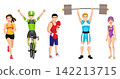 Set of volumetric flat vector athletes in individual sports: running, cycling, boxing, weightlifting and swimming, isolated on transparent background. Sports illustration collection 142213715