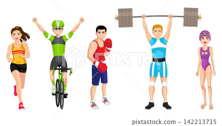 Set of volumetric flat vector athletes in individual sports: running, cycling, boxing, weightlifting and swimming, isolated on transparent background. Sports illustration collection Set of volumetric flat vector athletes in individual sports: running, cycling, boxing, weightlifting and swimming, isolated on transparent background. Sports illustration collection 142213715