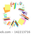 Flat vector composition of stationery arranged in a circle around a central copy space, isolated on transparent background. Education and business concept for presentations and design 142213716
