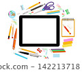 Flat vector composition with a tablet computer surrounded by stationery for education and business, isolated on transparent background. Modern technology and office supplies concept 142213718